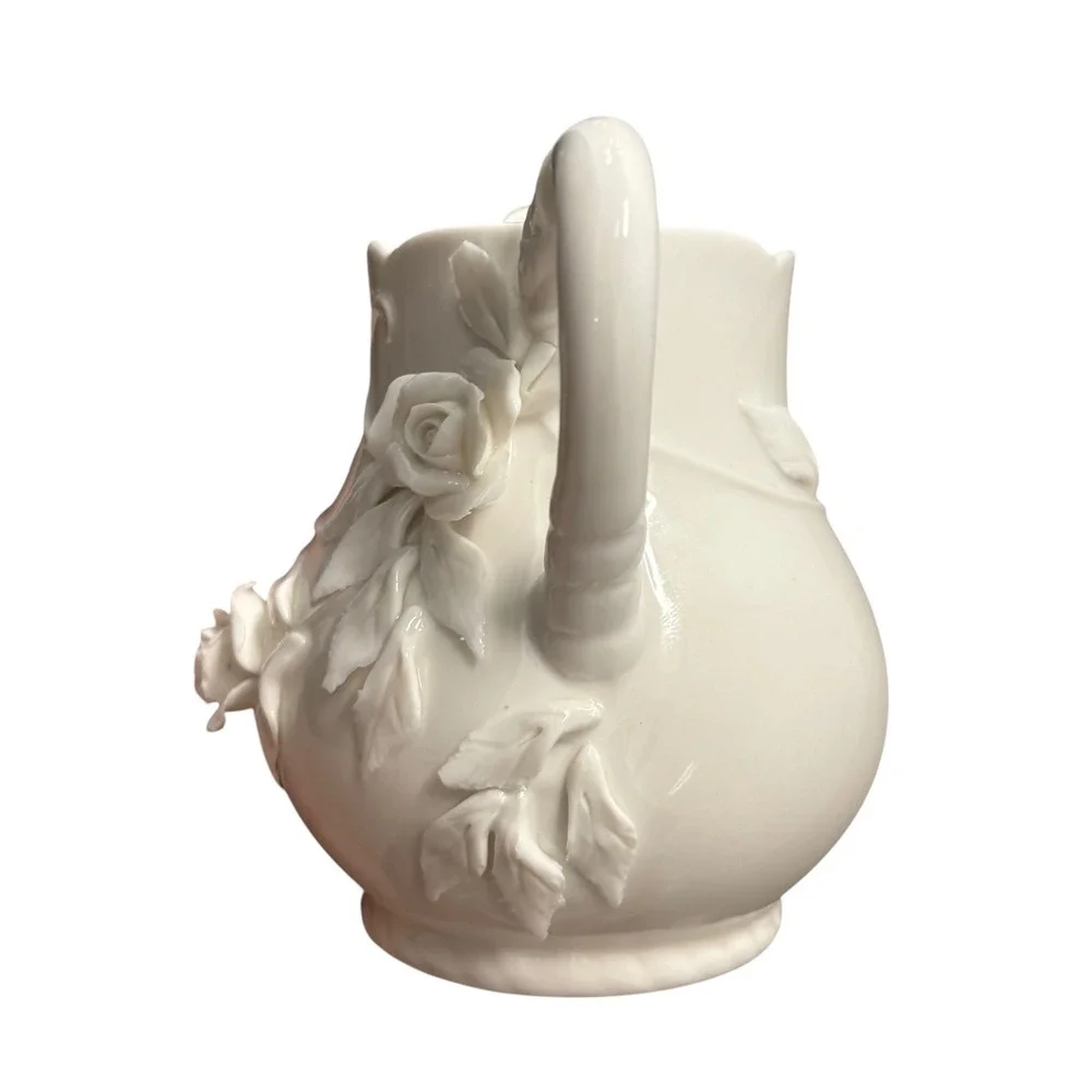 Godinger Antique Reflections Cream Ceramic Rose Pitcher 3D Floral Victorian Shab
